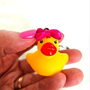 Adorable Yellow Rubber Duck Keychain with Pink Bow